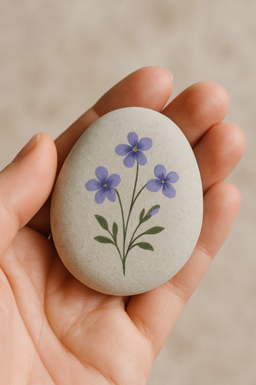 A hand holding a smooth river rock painted with small violet flowers and delicate stems.