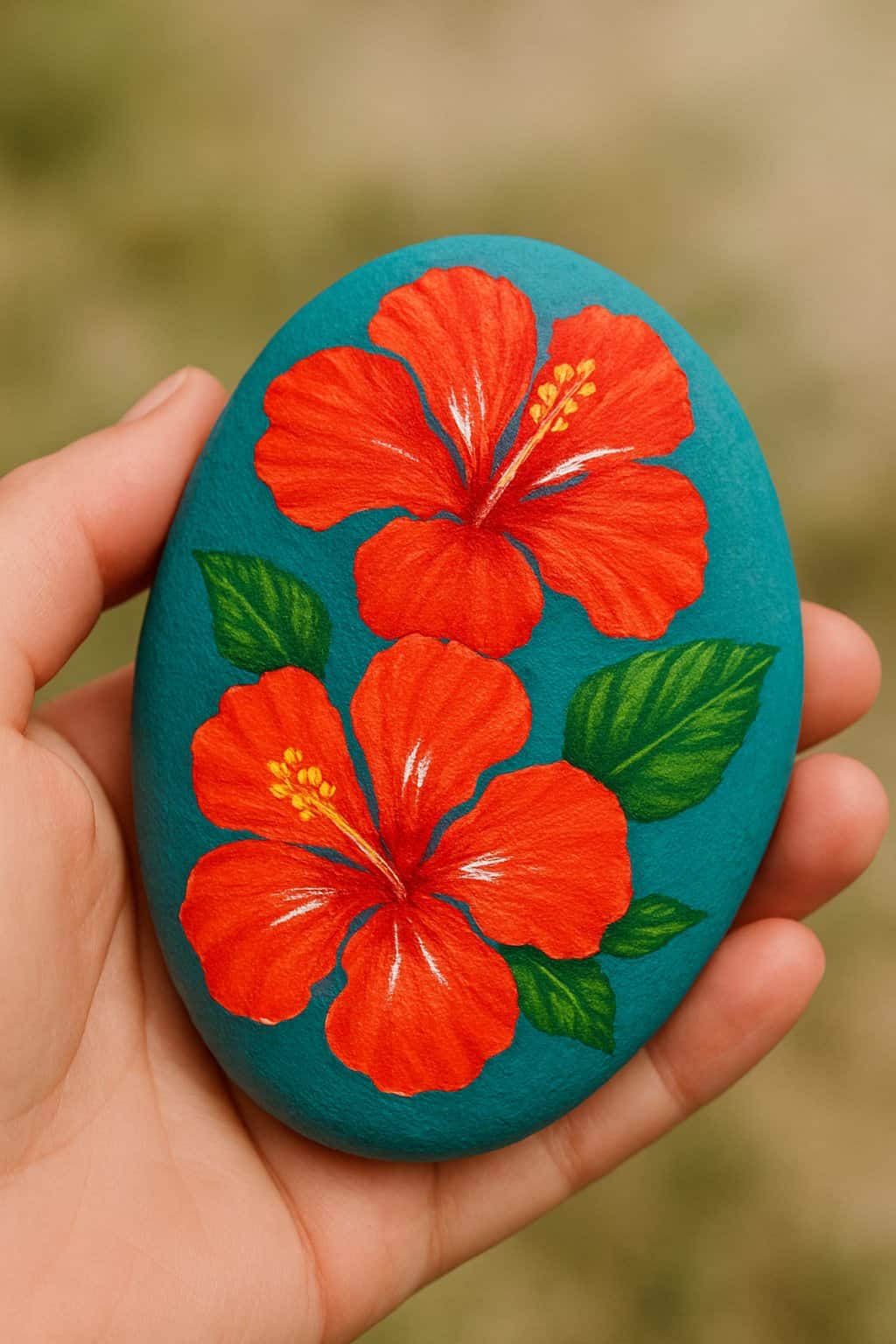 A hand holding a smooth river rock painted with bright red and white hibiscus flowers.