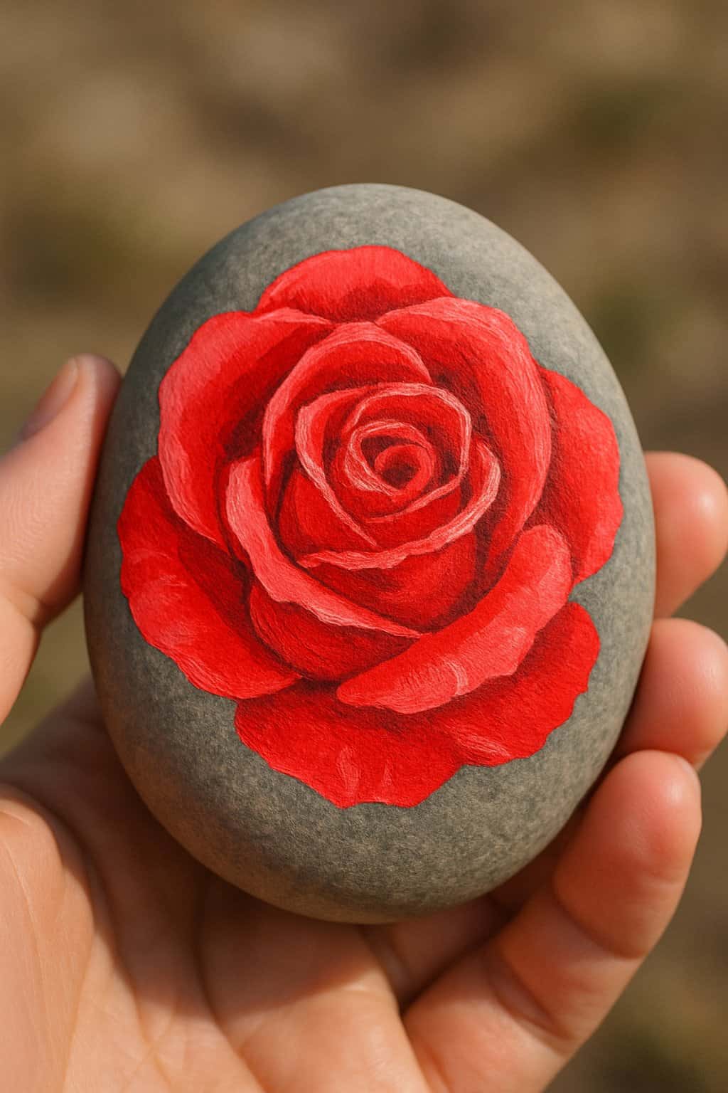 A hand holding a smooth river rock painted with a red and pink rose design.