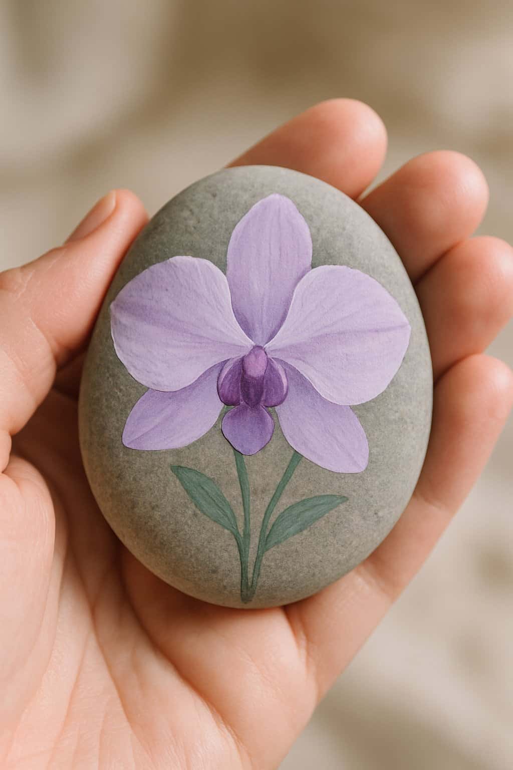 A hand holding a smooth river rock painted with simple lavender orchid petals.