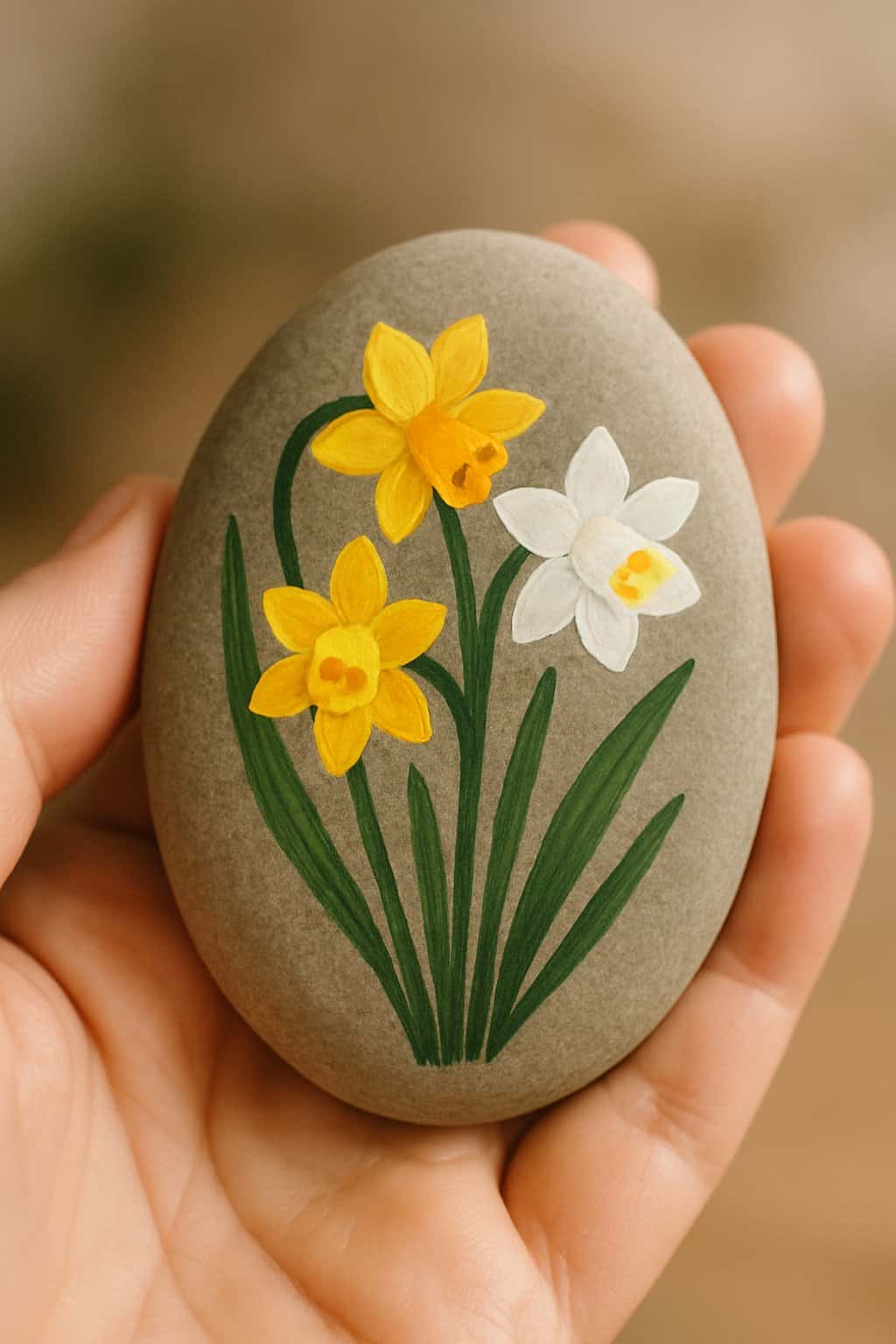 A hand holding a smooth river rock painted with yellow and white daffodil buds.