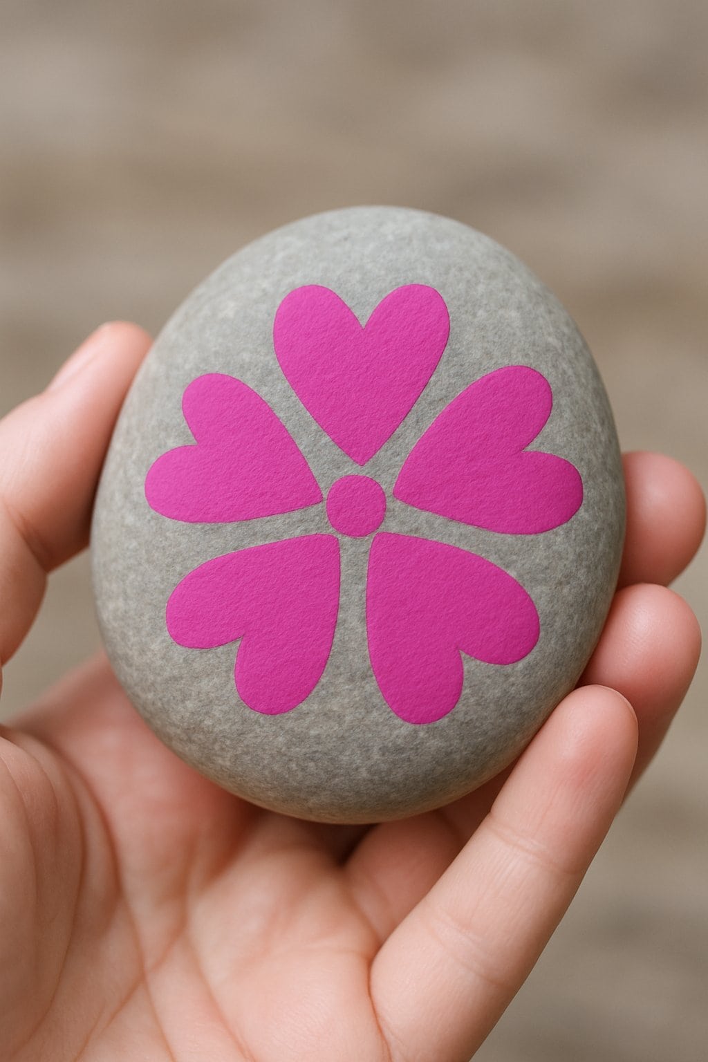A hand holding a smooth river rock painted with bright magenta petal-like hearts arranged in a flower pattern.