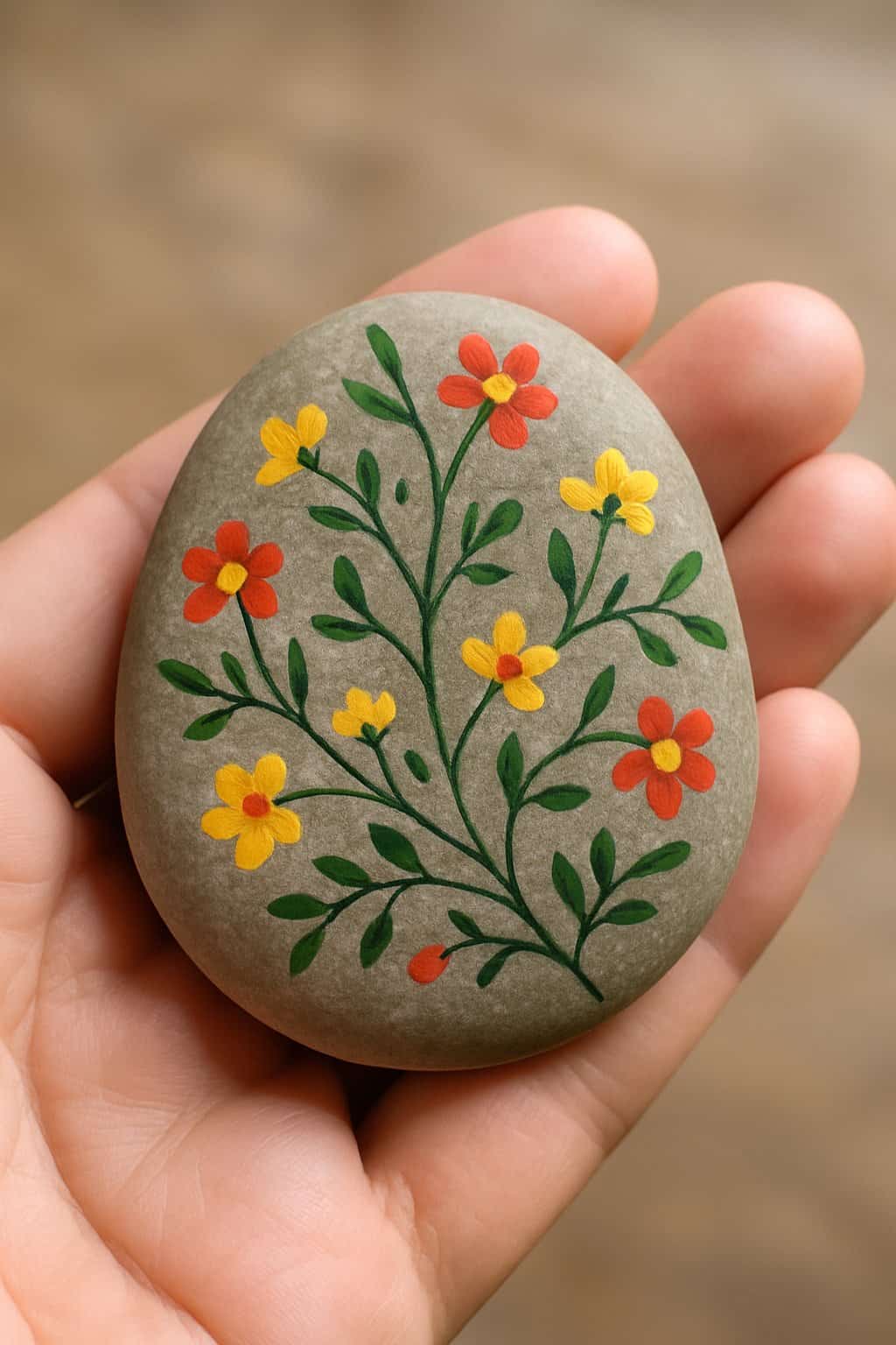 A hand holding a smooth river rock painted with floral vine designs.