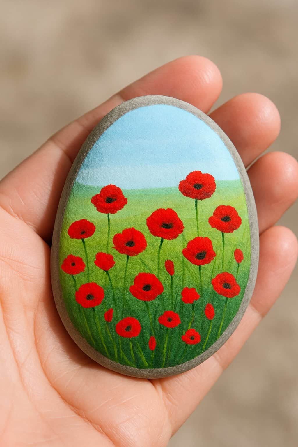 A hand holding a smooth river rock painted with a poppy field scene.