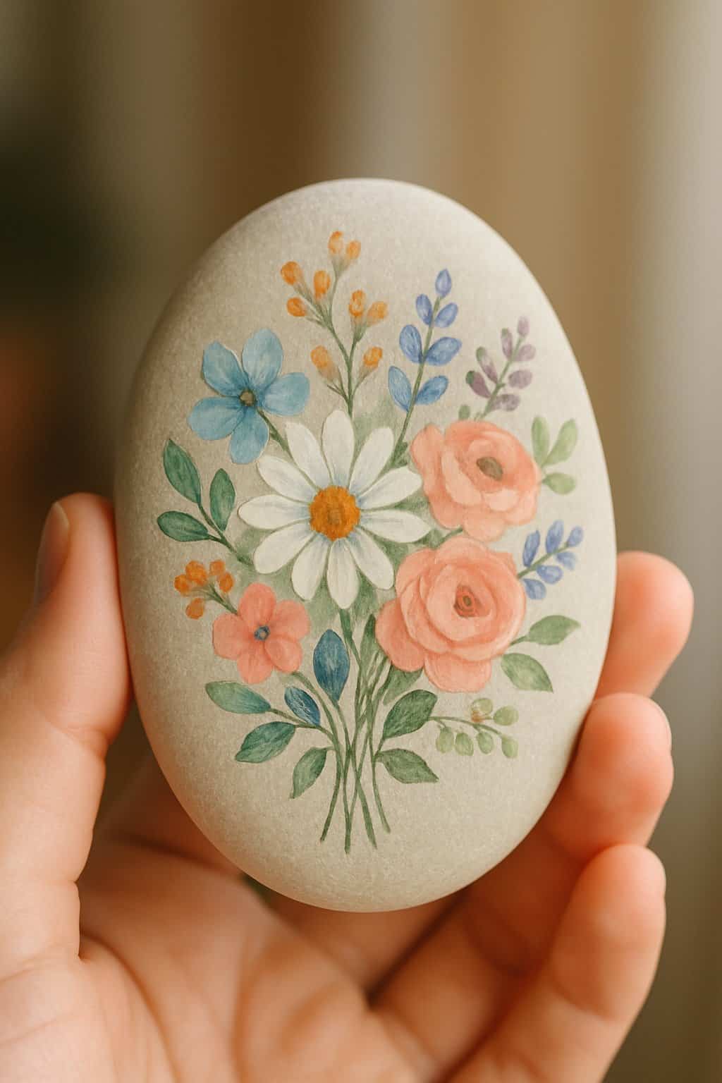 A hand holding a smooth river rock painted with colorful flower designs.