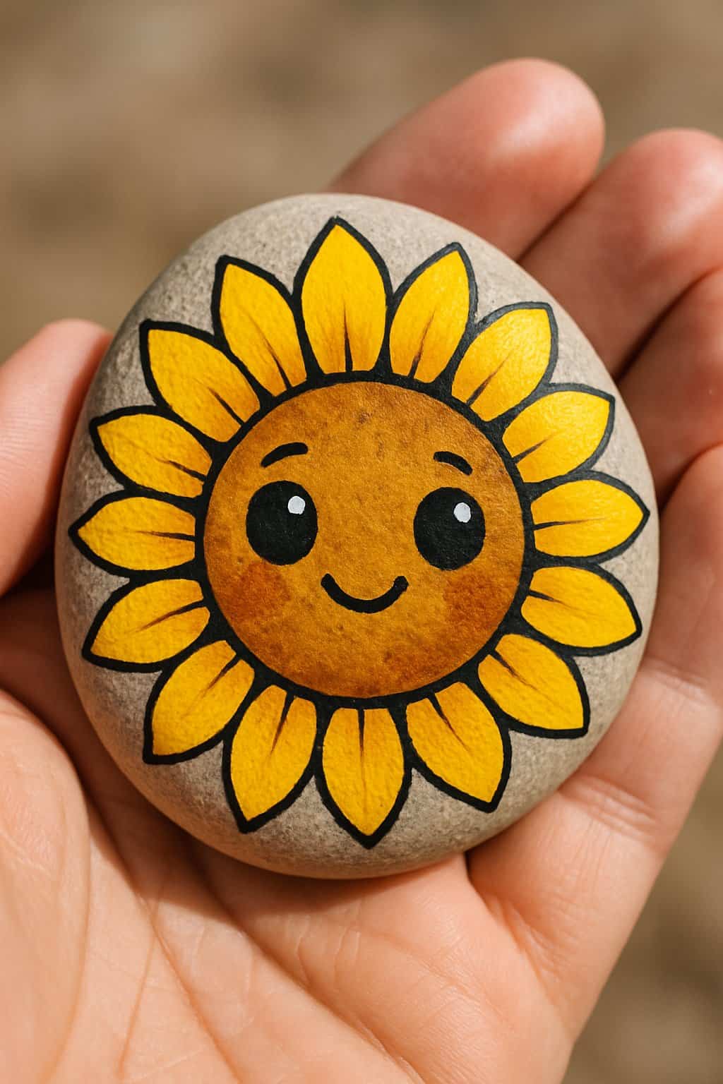 A hand holding a smooth river rock painted with a simple sunflower face with bold black eyes.