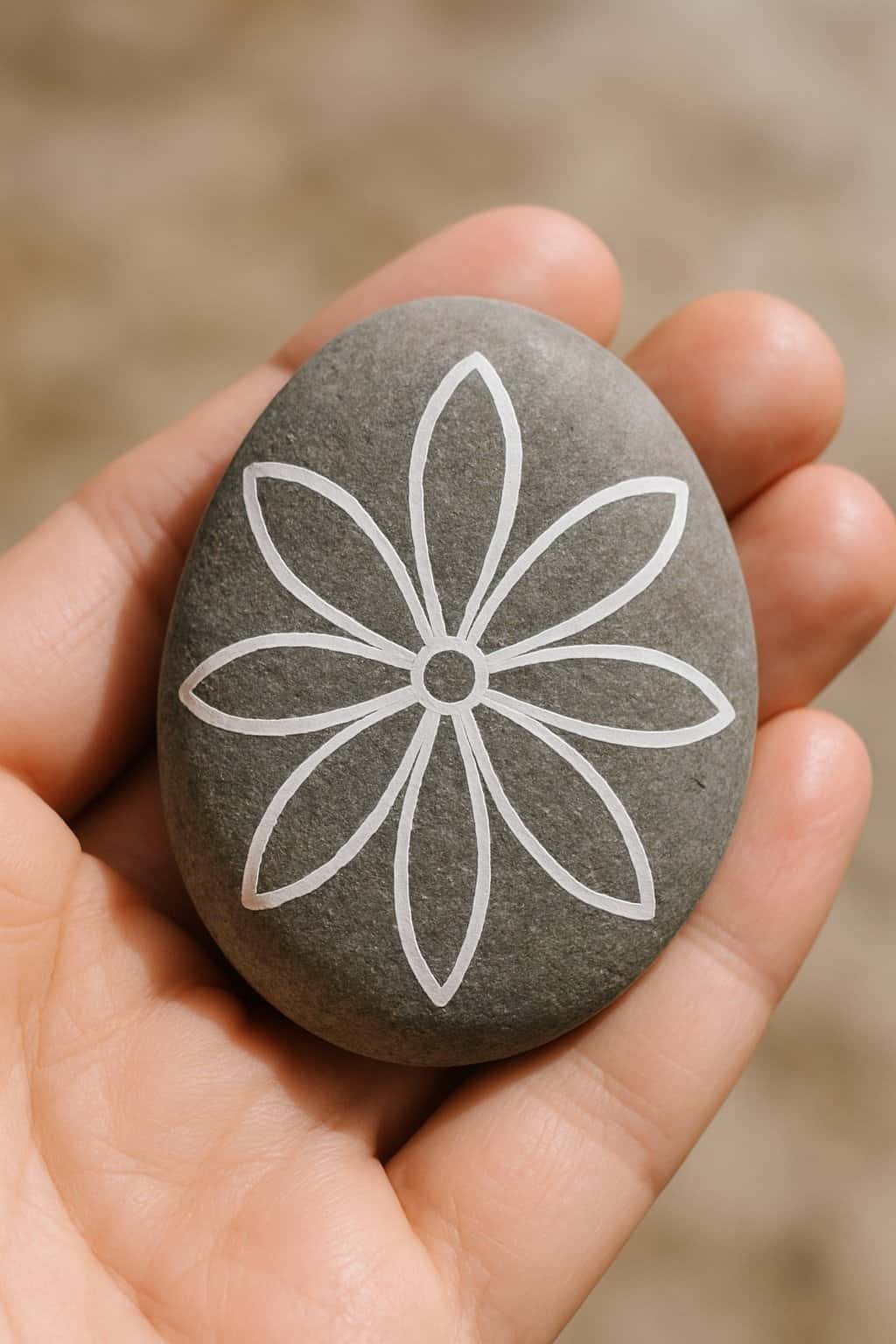 A hand holding a smooth river rock painted with white petal outlines.