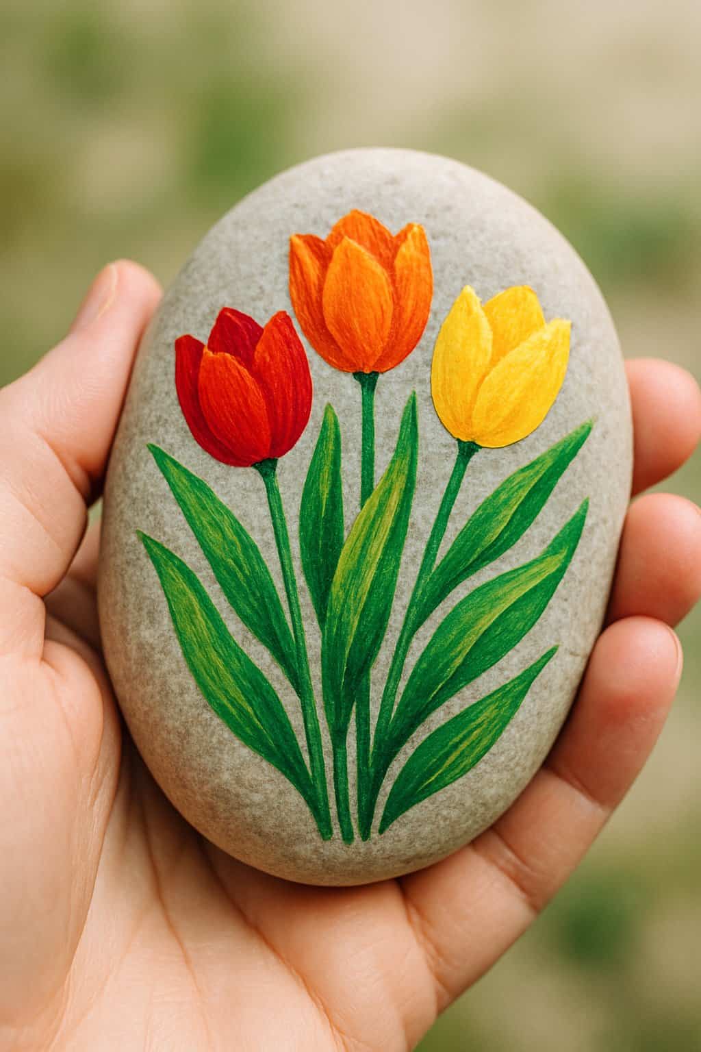 A hand holding a smooth river rock painted with bright tulips and green leaves.