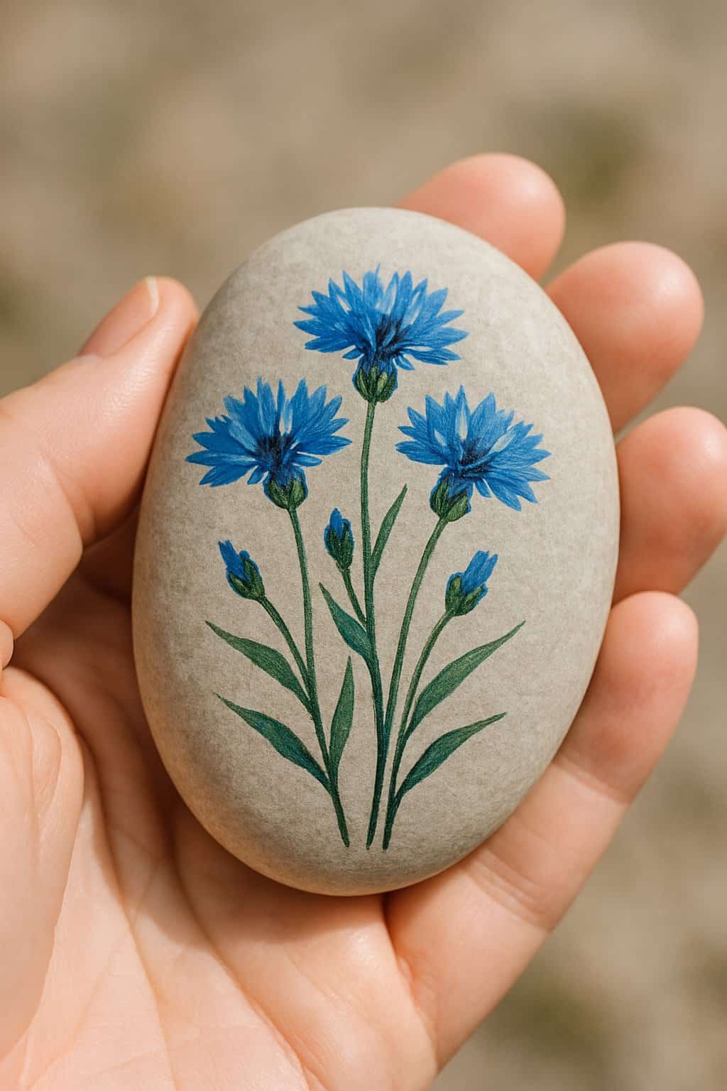 A hand holding a smooth river rock painted with blue cornflowers and green stems.