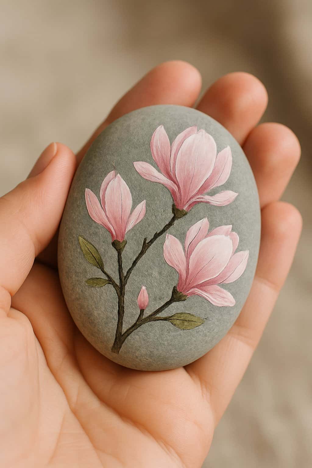 A hand holding a smooth river rock painted with pink magnolia blossoms.