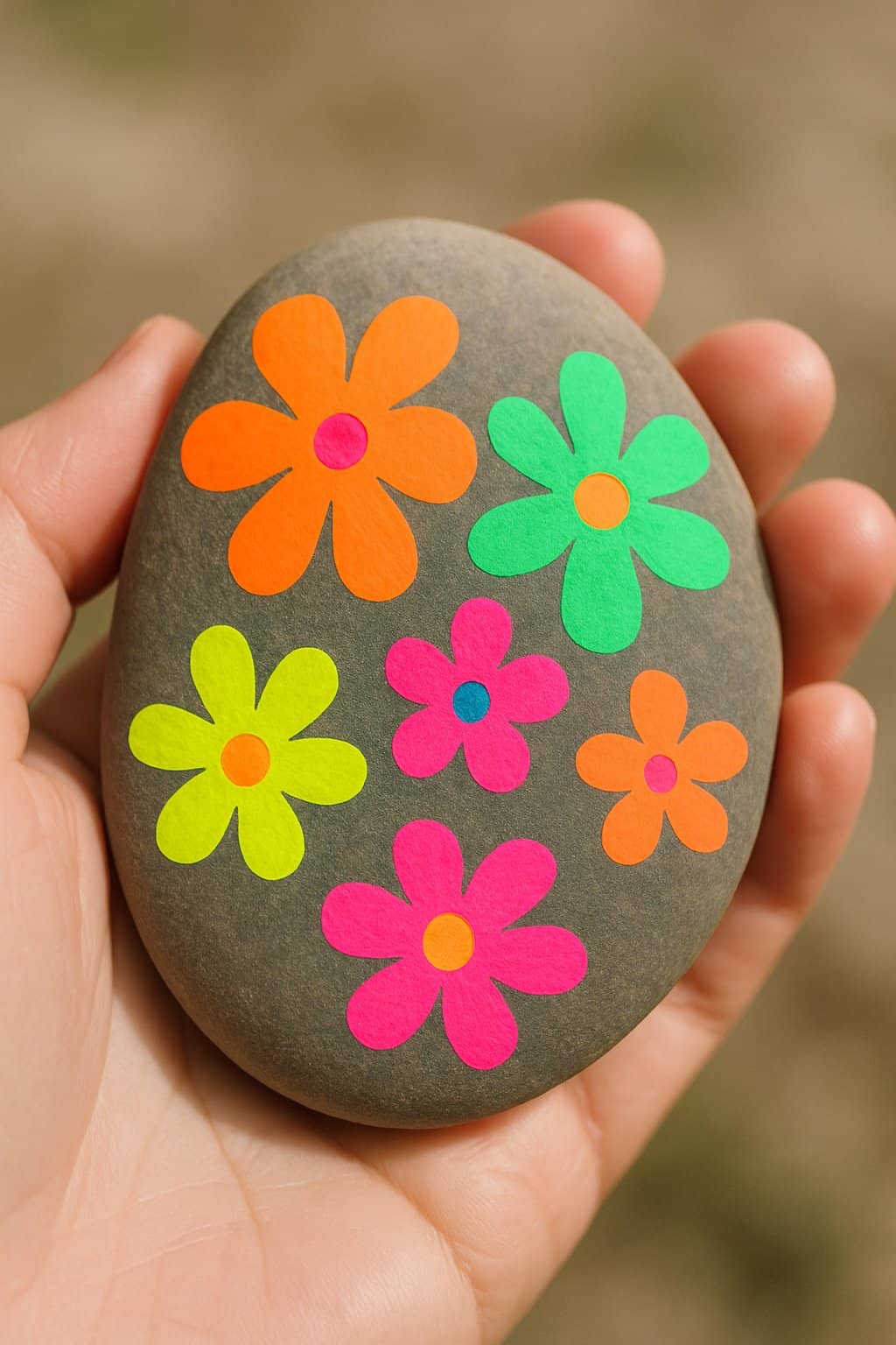 A hand holding a smooth river rock painted with colorful floral patterns.