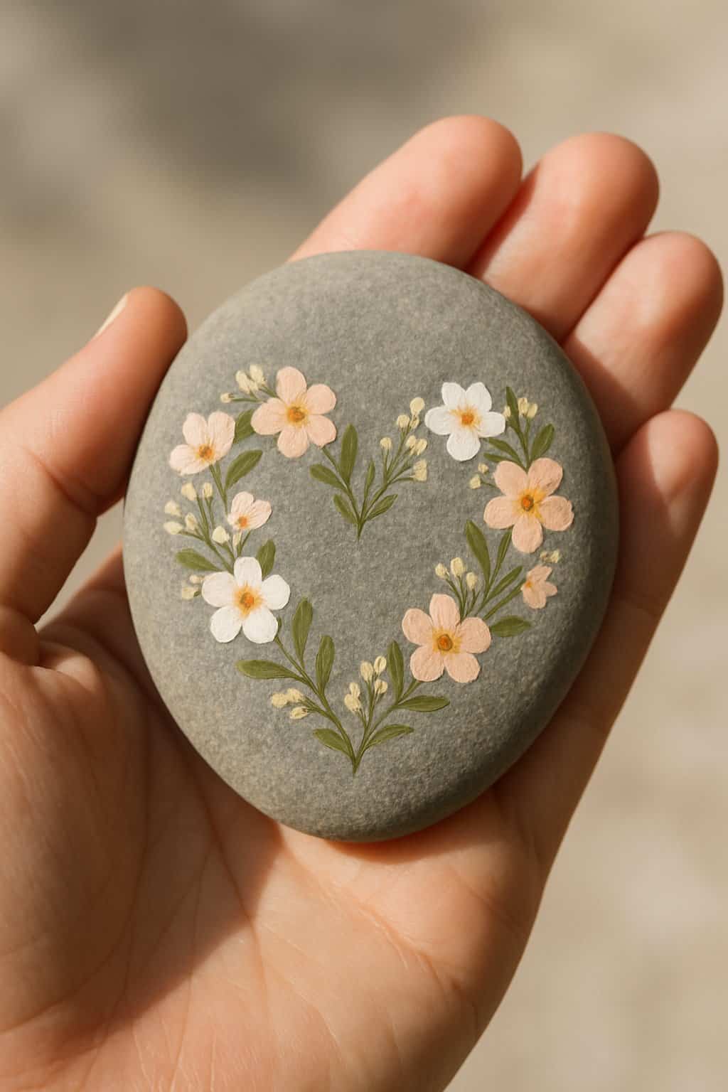 A hand holding a smooth river rock painted with a floral heart design.