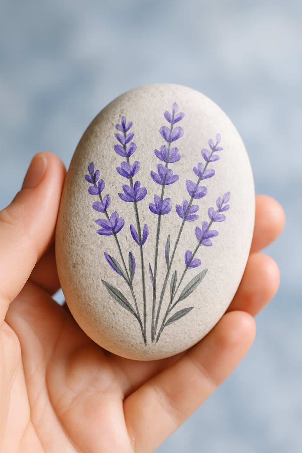 A hand holding a smooth river rock painted with lavender flowers against a soft blue background.