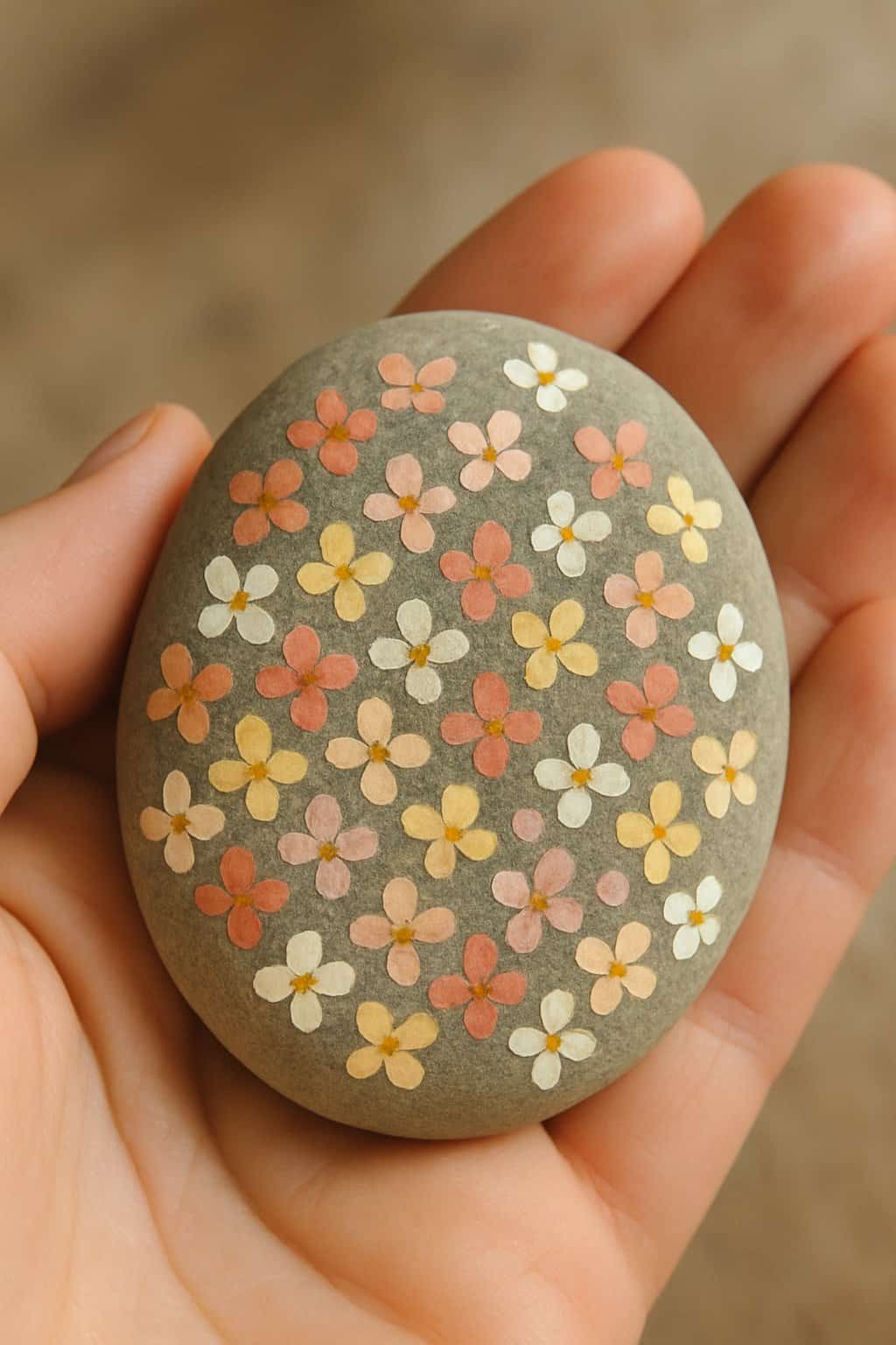 A hand holding a smooth painted river rock with dotted floral patterns.