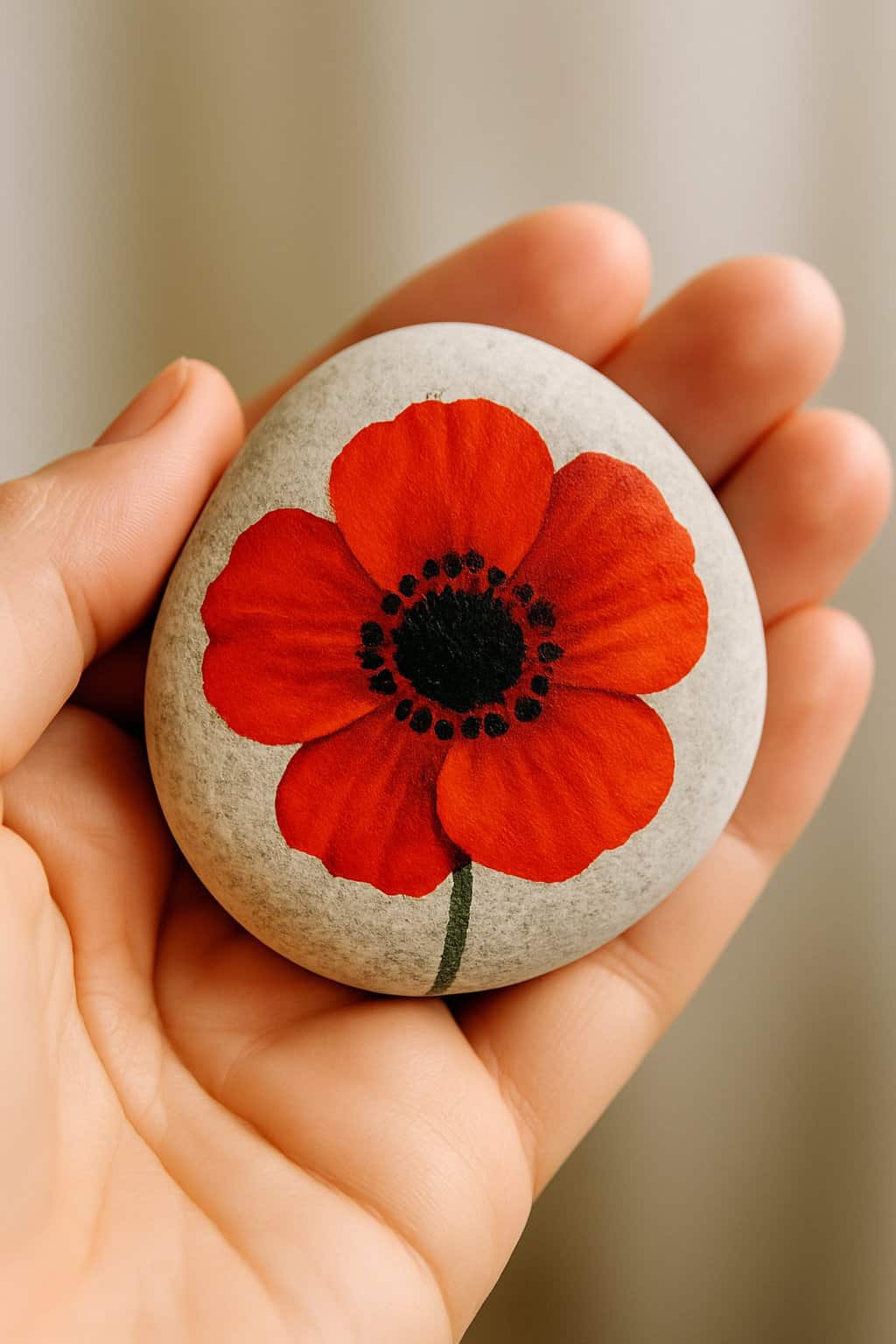 A hand holding a smooth river rock painted with a red poppy flower with a dark center.