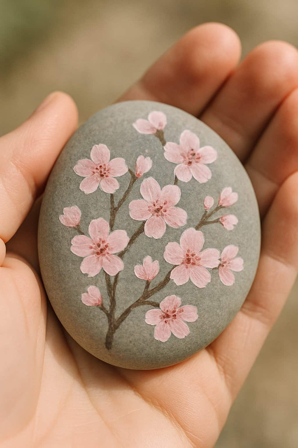 A hand holding a smooth river rock painted with soft pink cherry blossom flowers.
