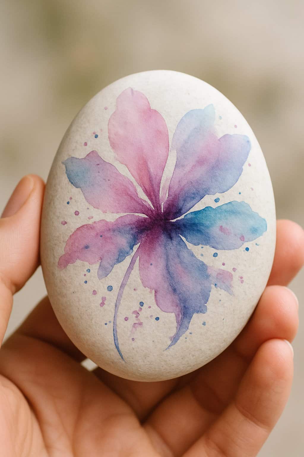 A hand holding a smooth river rock painted with a colorful abstract floral design.