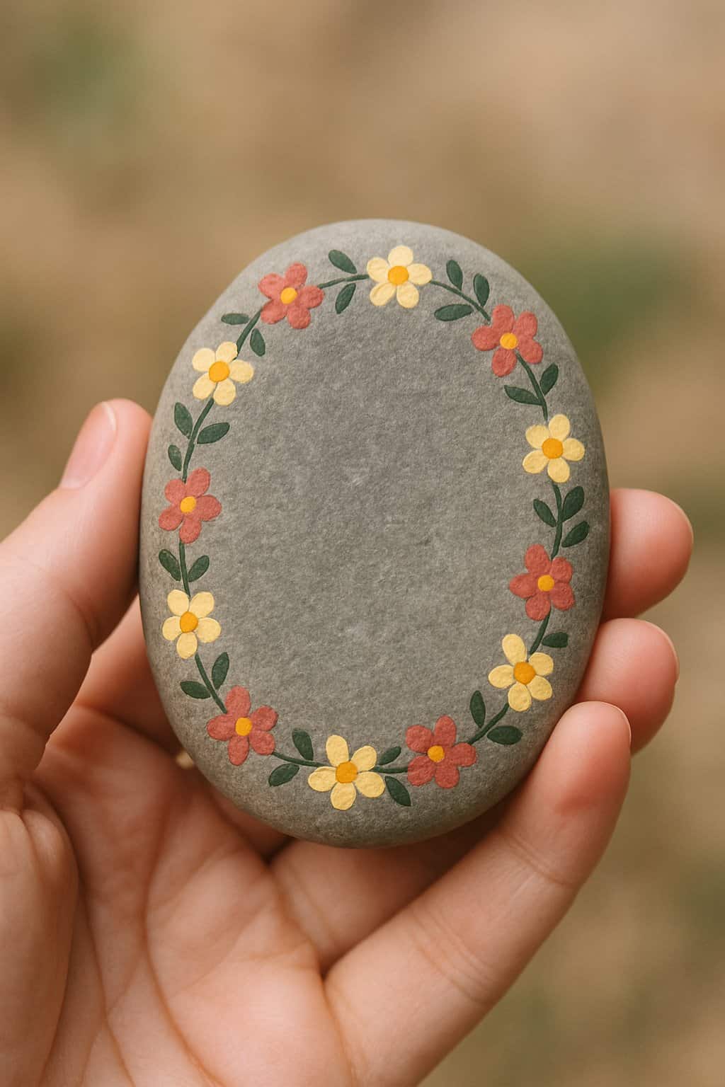 A hand holding a smooth river rock painted with simple floral borders around its edges.