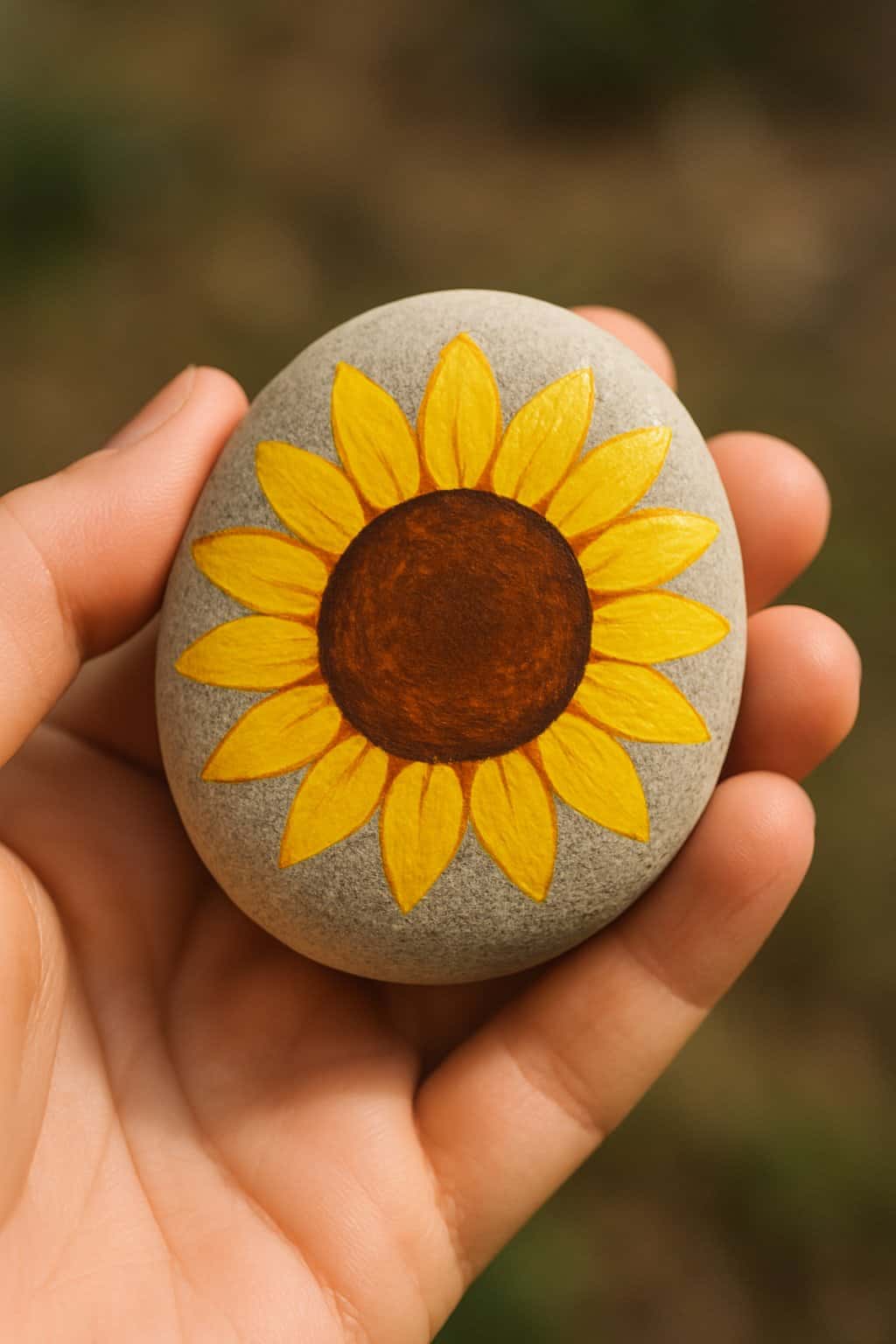 A hand holding a smooth river rock painted with a sunflower face design.