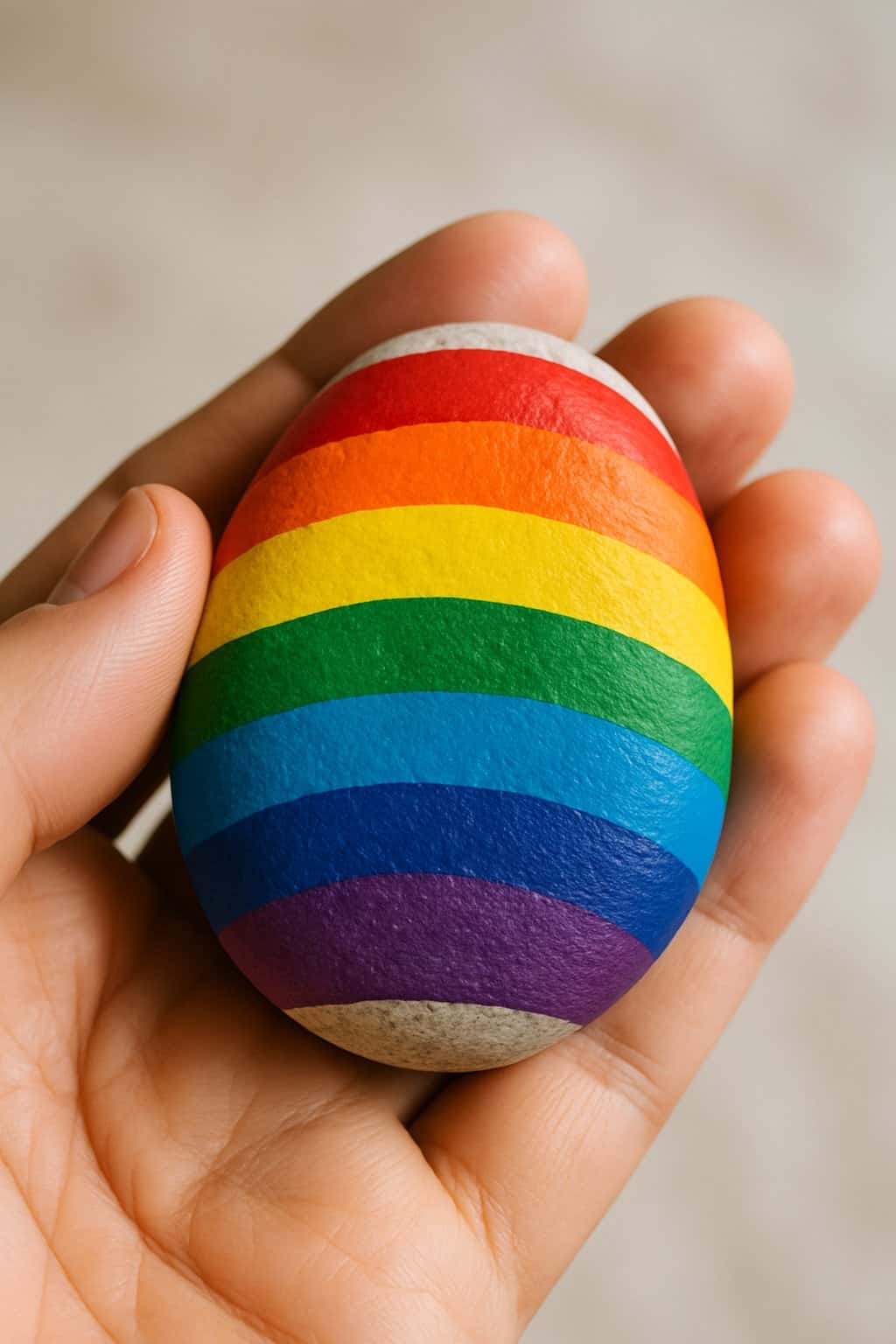 A hand holding a smooth river rock painted with colorful rainbow stripes.