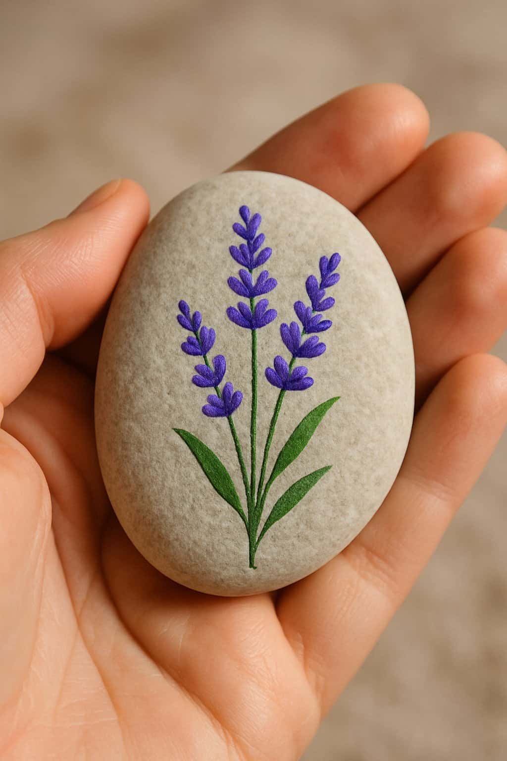 A hand holding a smooth river rock painted with a lavender sprig design.