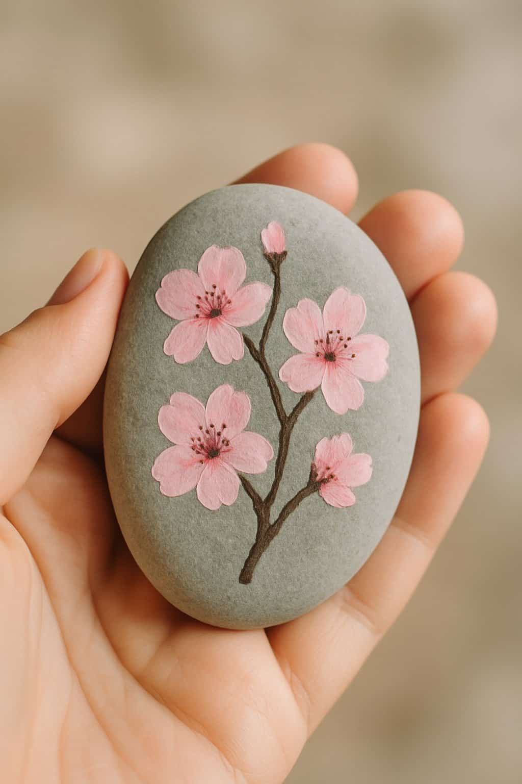 A hand holding a smooth river rock painted with a cherry blossom design.