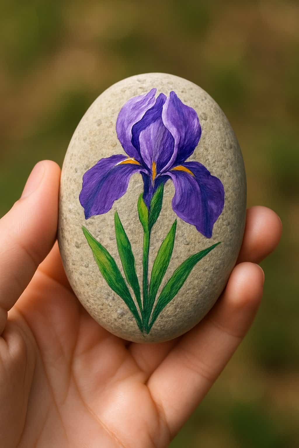 A hand holding a smooth river rock painted with a purple iris flower.