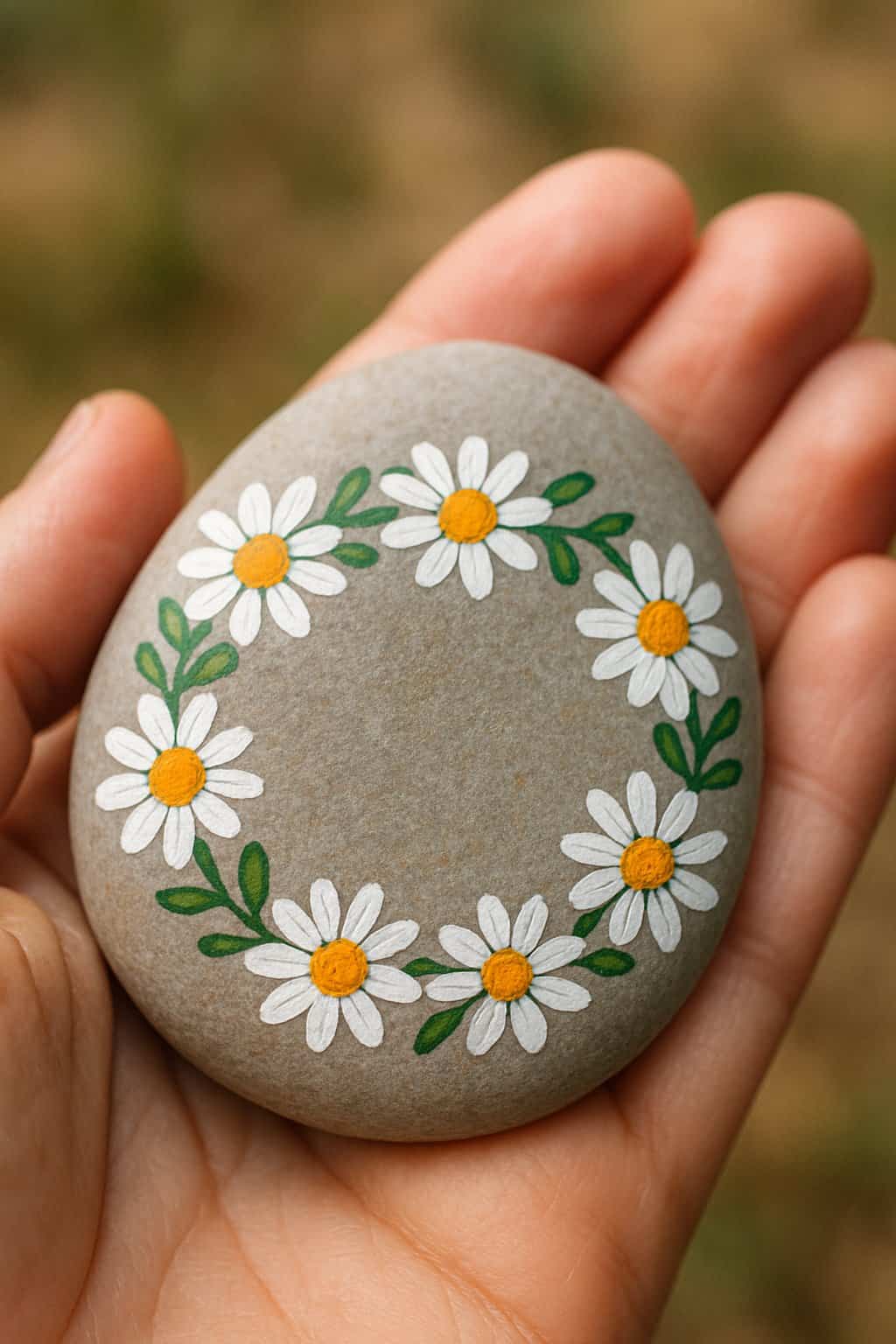 A hand holding a smooth river rock painted with a daisy chain design.