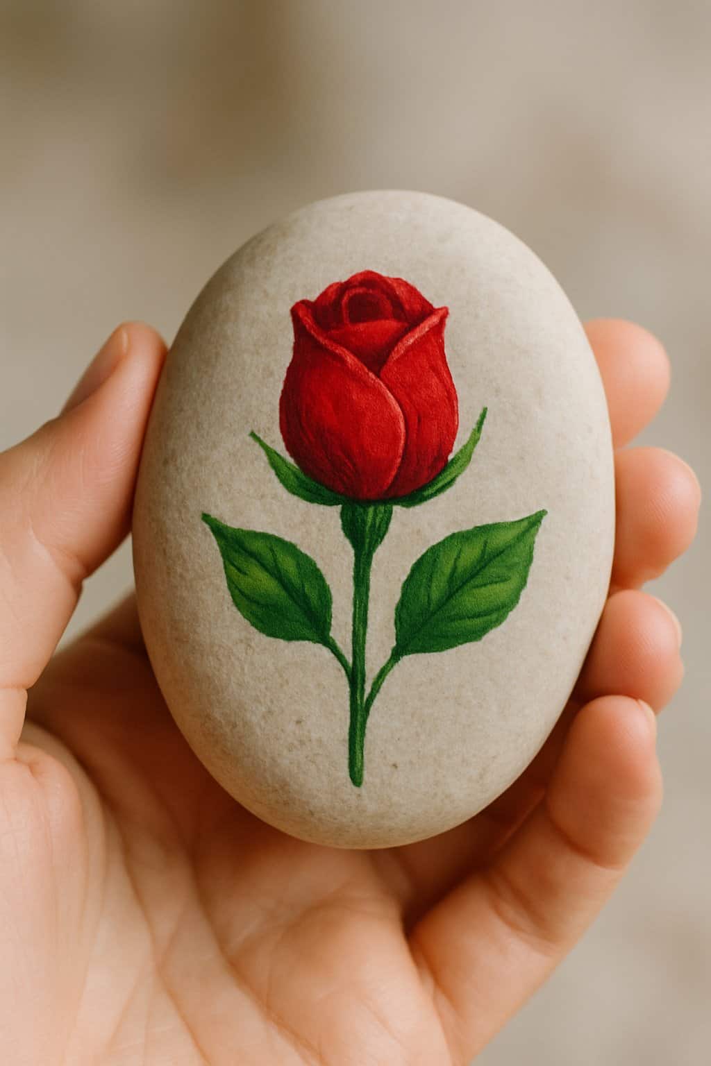 A hand holding a smooth river rock painted with a red rose bud.