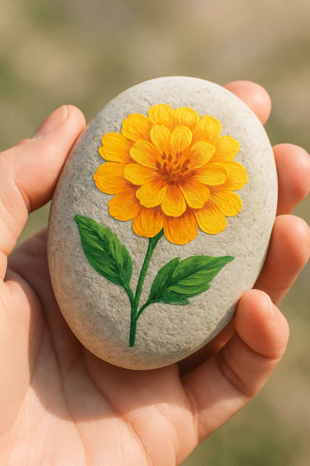 A hand holding a smooth river rock painted with a marigold flower design.