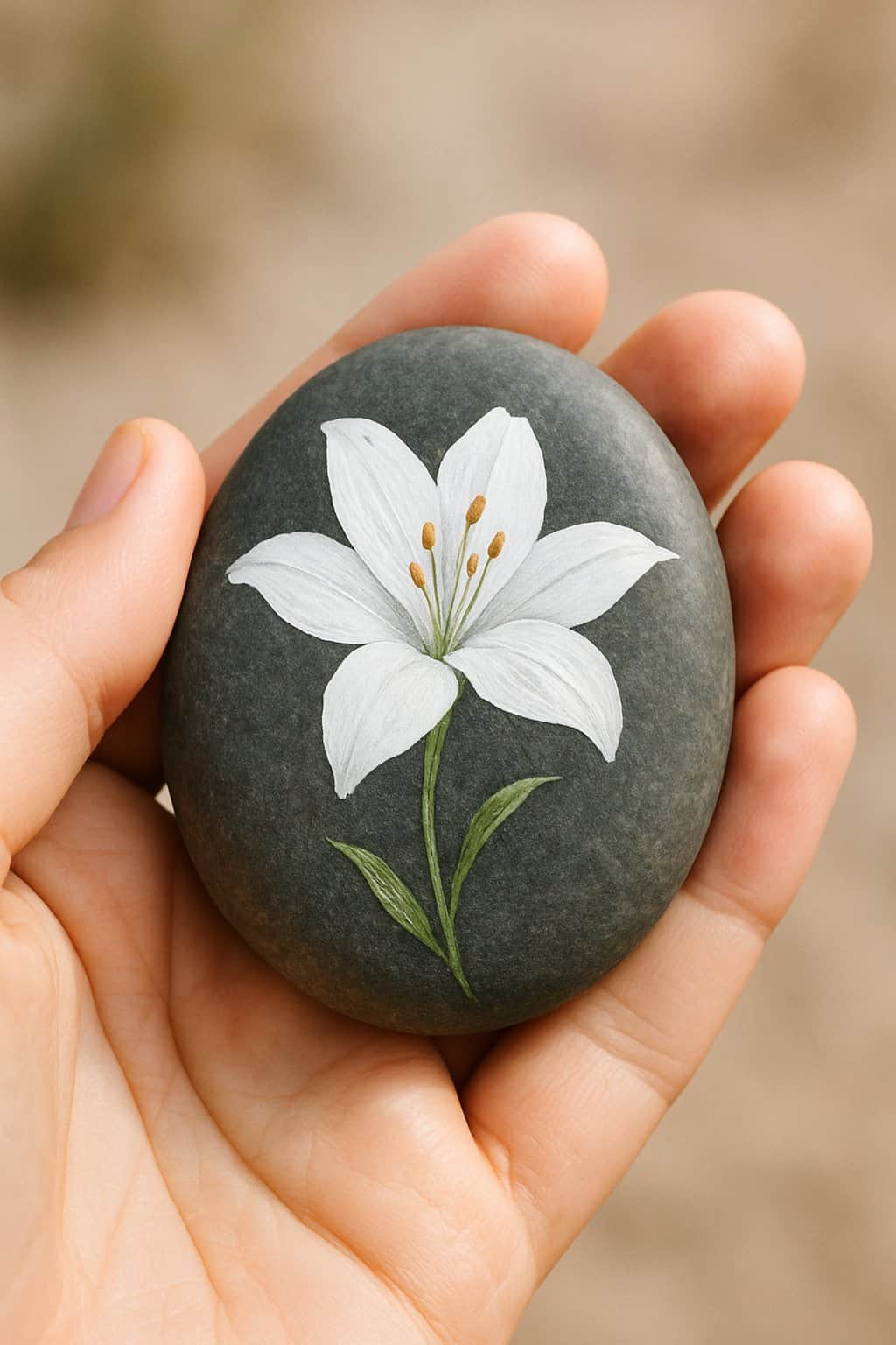 A hand holding a smooth river rock painted with a white lily design.