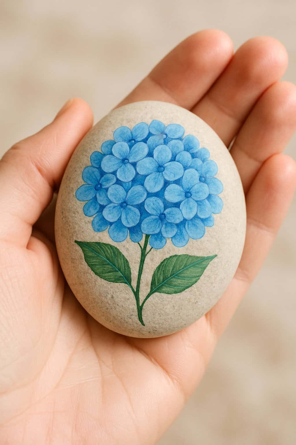 A hand holding a smooth river rock painted with a blue hydrangea flower.