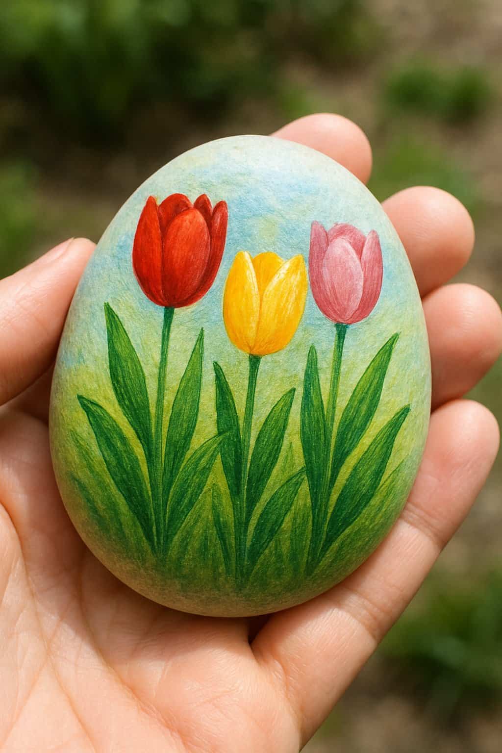 A hand holding a smooth river rock painted with colorful tulip flowers.
