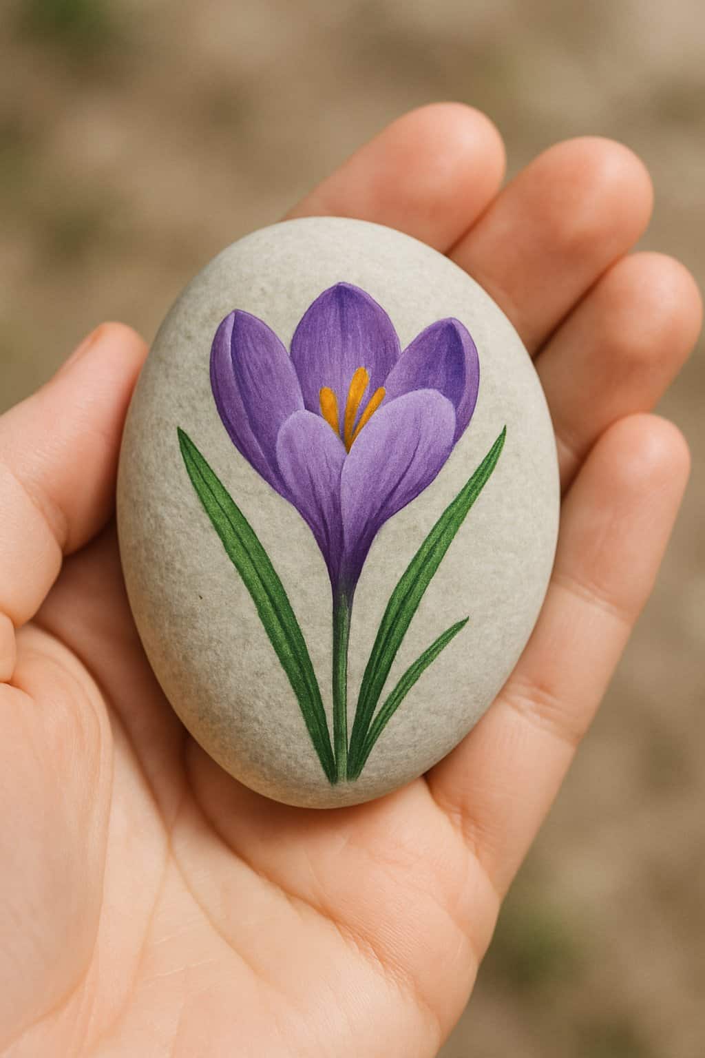 A hand holding a smooth river rock painted with a purple crocus flower design.