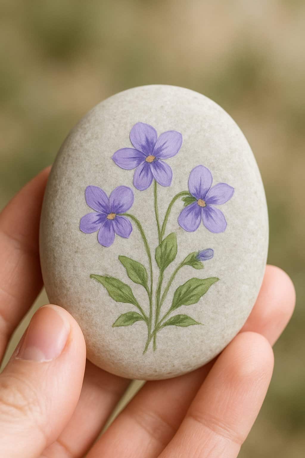 A hand holding a smooth river rock painted with small violet flowers.