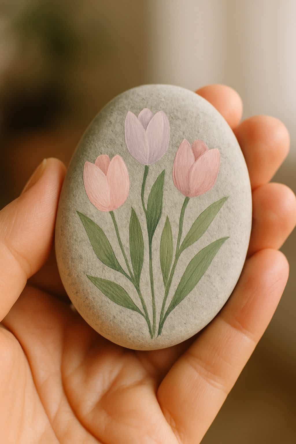 A hand holding a smooth river rock painted with a simple tulip design.