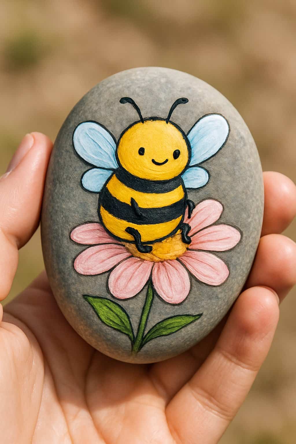 A hand holding a smooth river rock painted with a happy bumblebee on a flower.