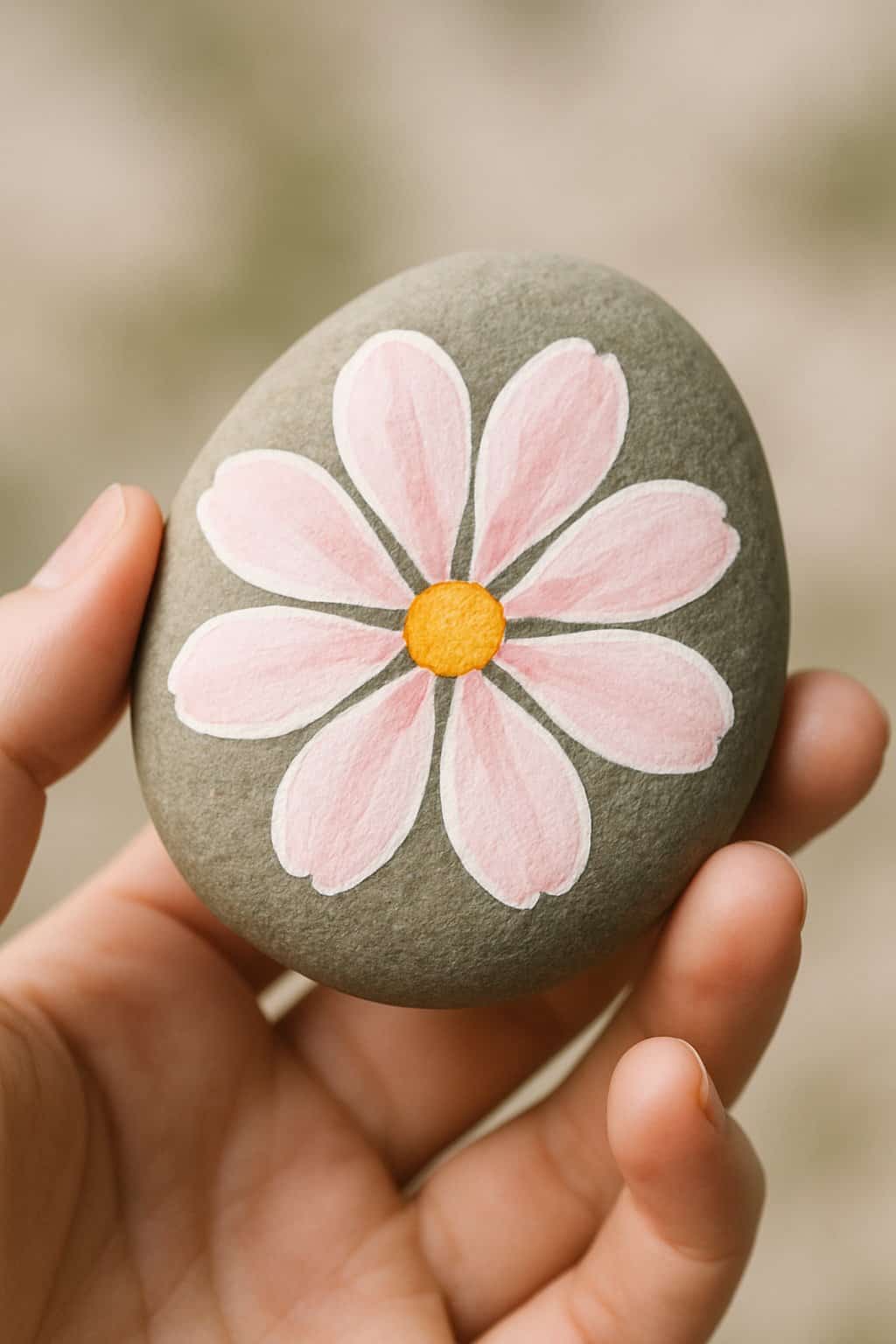 A hand holding a smooth river rock painted with a simple flower petal design.