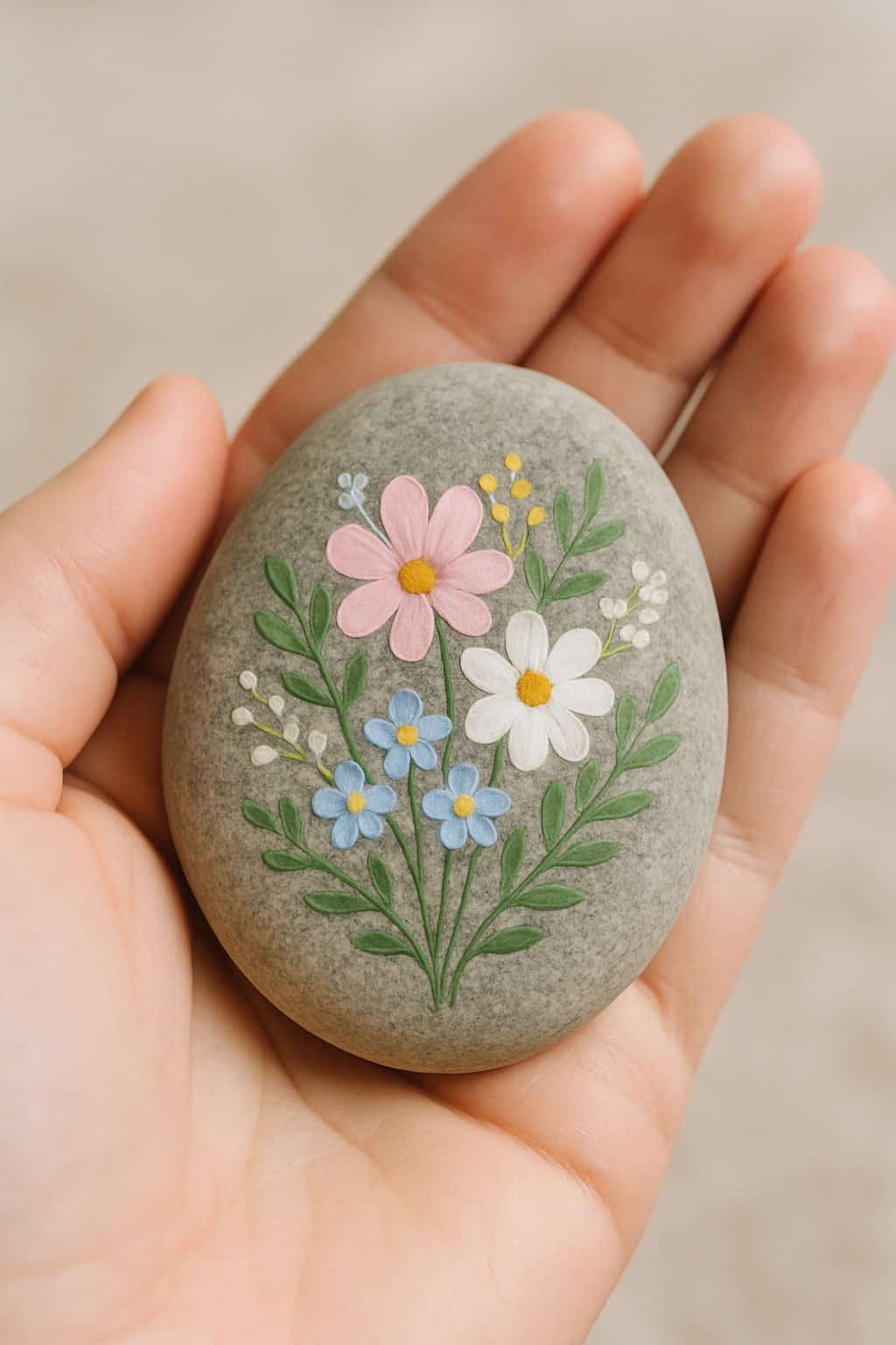 A hand holding a smooth river rock painted with a simple spring bouquet design.