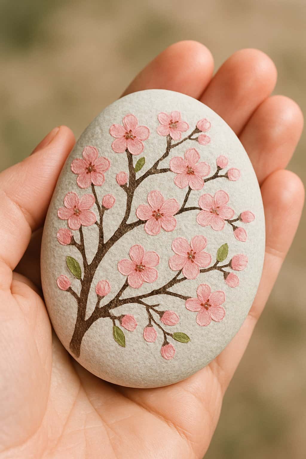 A hand holding a smooth river rock painted with blossoming cherry tree branches and pink flowers.