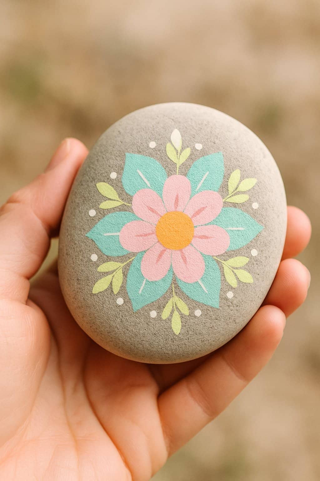 A hand holding a smooth river rock painted with a spring flower mandala design.