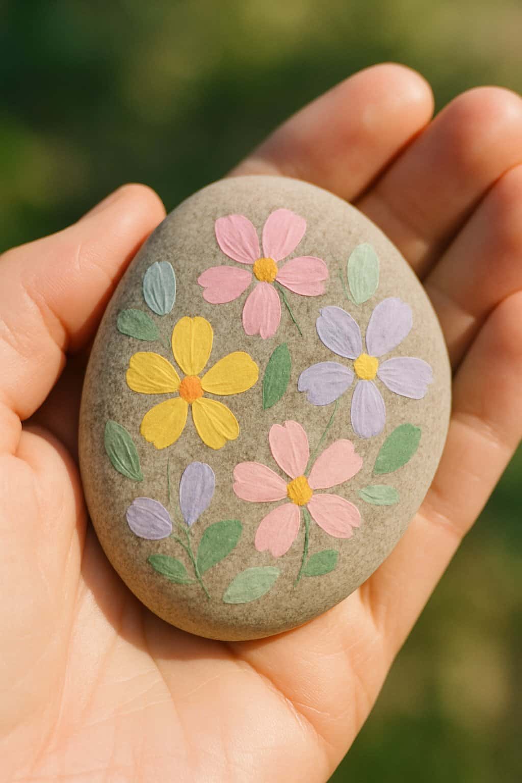 A hand holding a smooth river rock painted with colorful flower petals.