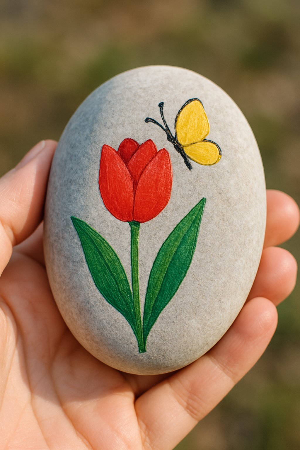 A hand holding a smooth river rock painted with a tulip flower and a butterfly.