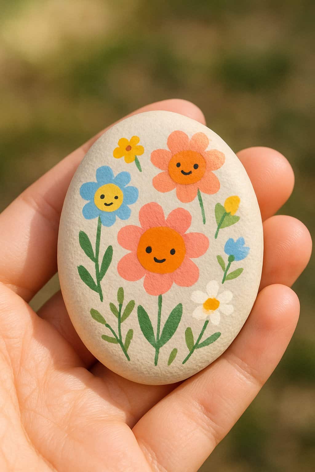 A hand holding a smooth river rock painted with colorful flower faces.