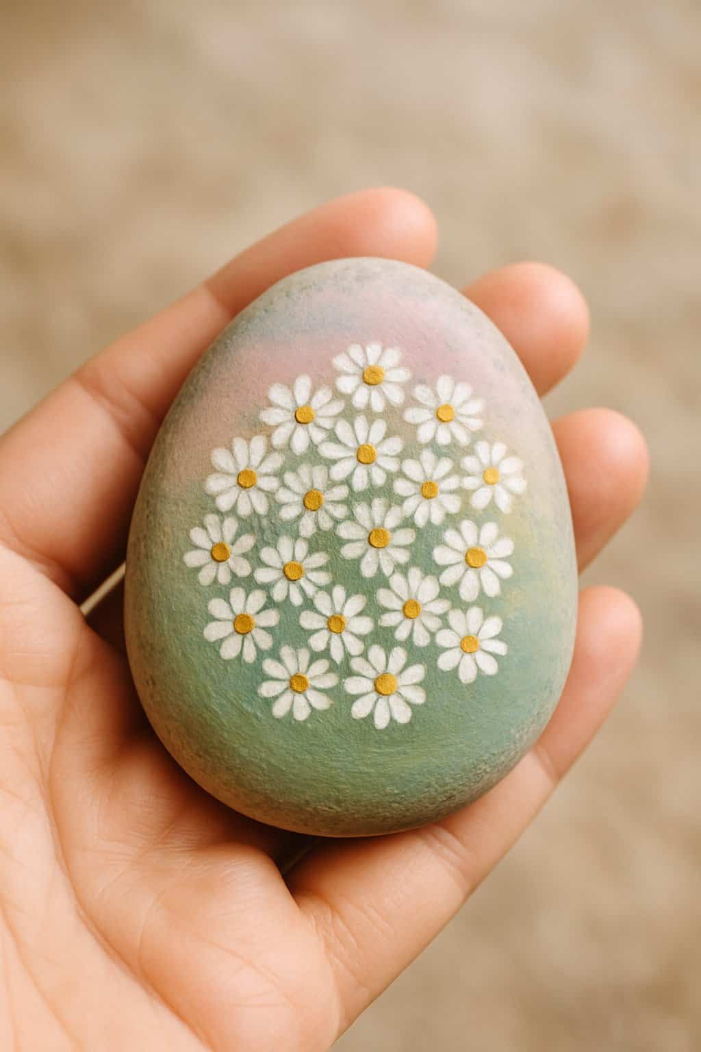 A hand holding a smooth river rock painted with tiny white daisies clustered together.