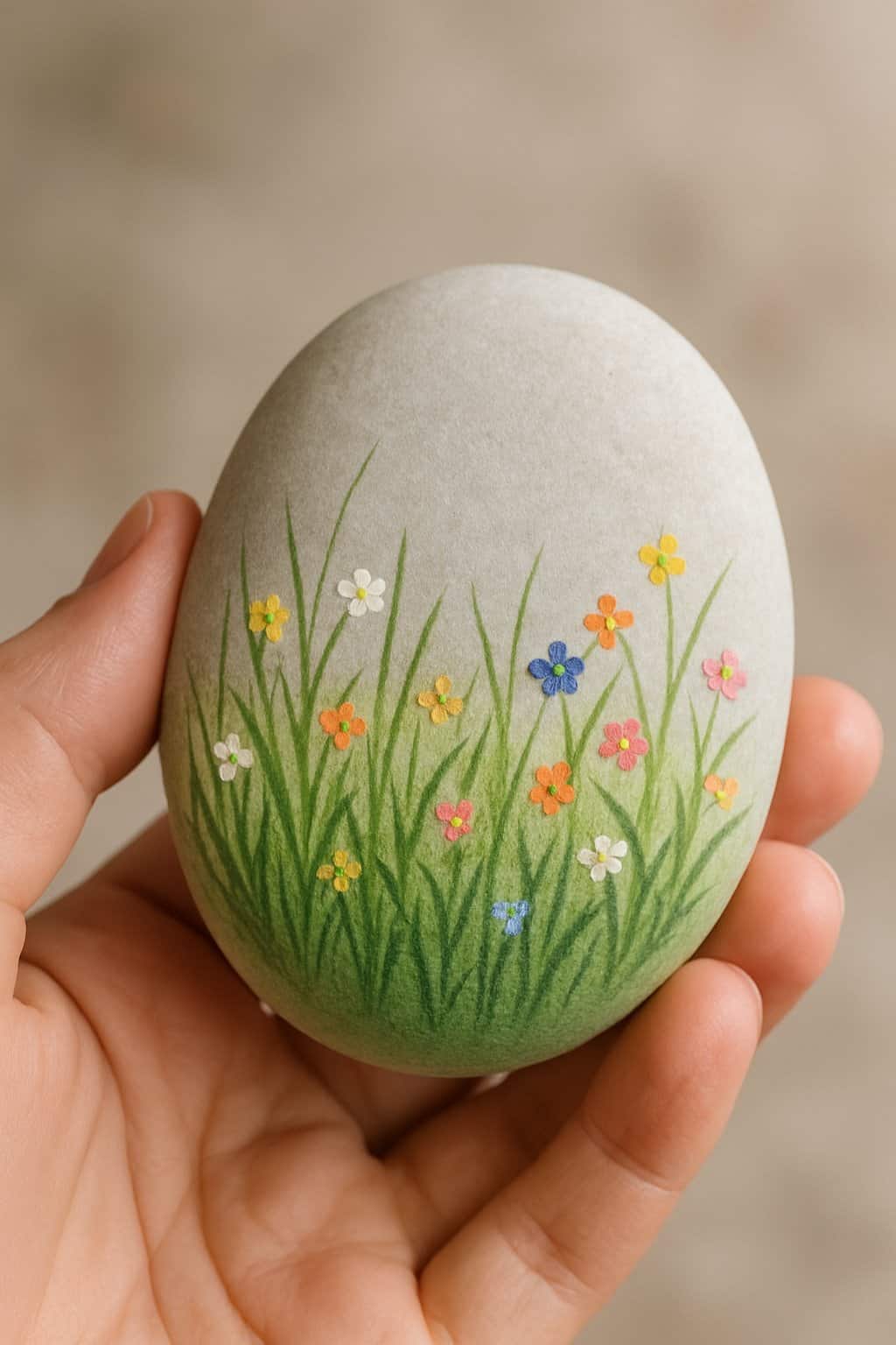 A hand holding a smooth river rock painted with green grass and small spring flowers.