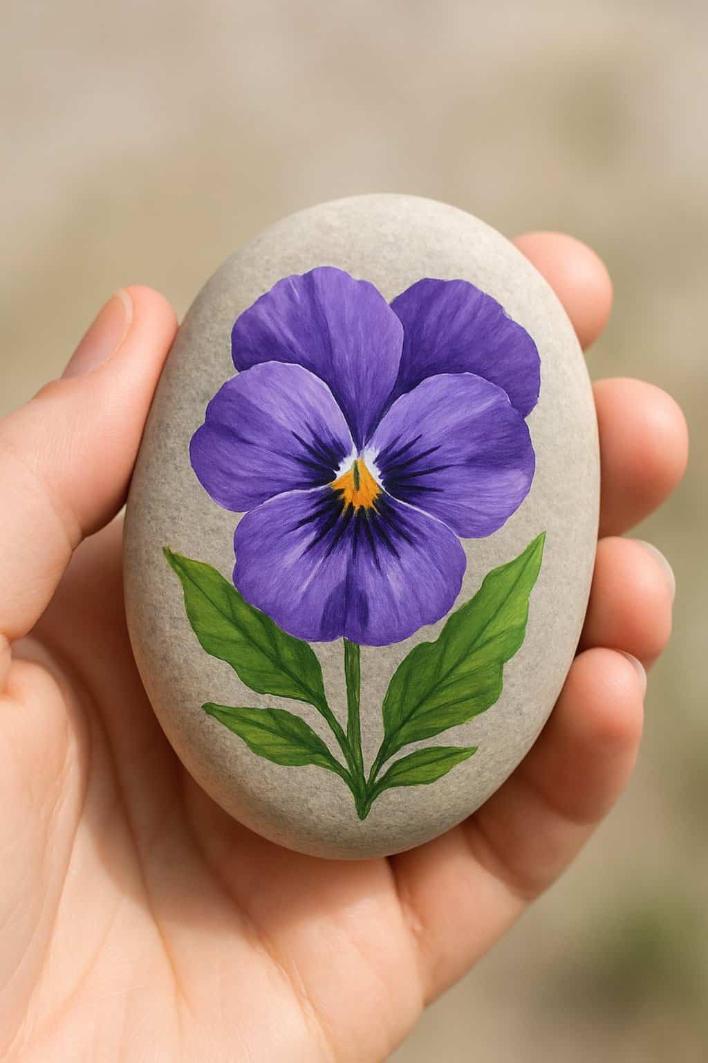 A hand holding a smooth river rock painted with a purple pansy flower design.