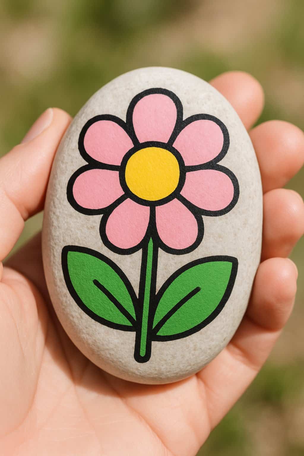 A hand holding a smooth river rock painted with a simple cartoon flower design.