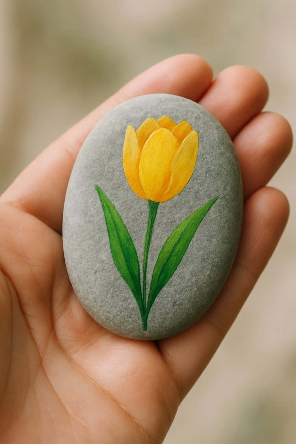 A hand holding a smooth river rock painted with a yellow tulip and green stem.