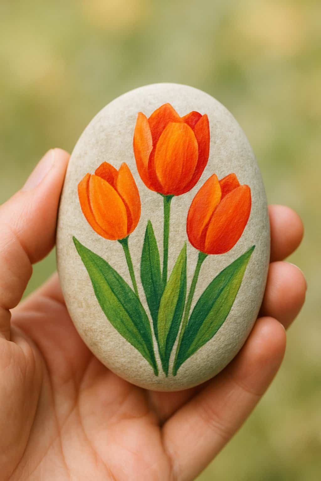 A hand holding a smooth river rock painted with orange and red tulips.